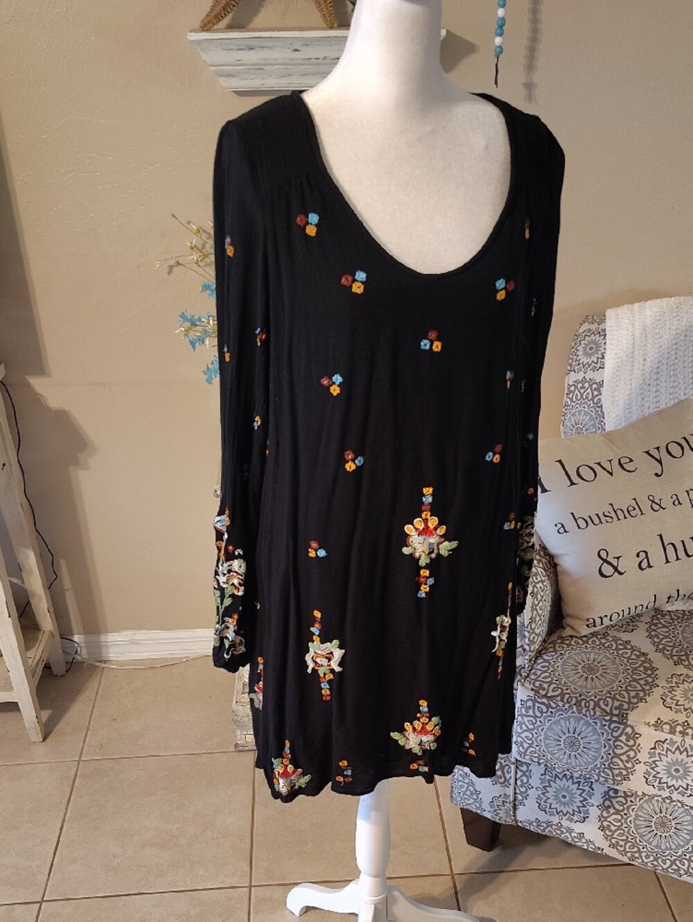 Free People Black Boho Floral  Open Back Mini Dress with Embroidered Details - Picture 4 of 11